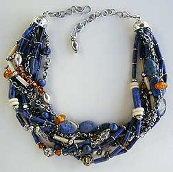 Sodalite, Dumortierite, Bone, Amber, Crystal and Sterling Silver 9-strand Necklace by Vicky Jousan