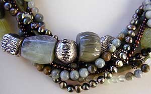 Jade, Serpentine, Pearls and pure silver necklace by Vicky Jousan