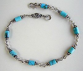 Ankle Bracelet Chinese turquoise and handmade sterling silver chains and clasp by Vicky Jousan