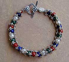 Lapis Lazuli, Malachite, Red Jasper, Pearls and Sterling Silver Bracelet by Vicky Jousan