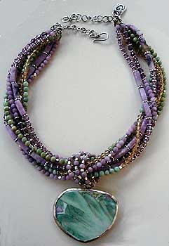 Lepidolite, Green Prase, Austrian Crystal, Bali sterling silver necklace by Vicky Jousan