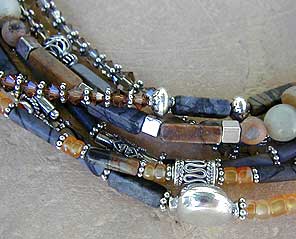 Picasso marble jasper, carnelian, soo chow, hematite, serpentine, Austrian crystal and silver necklace by Vicky Jousan